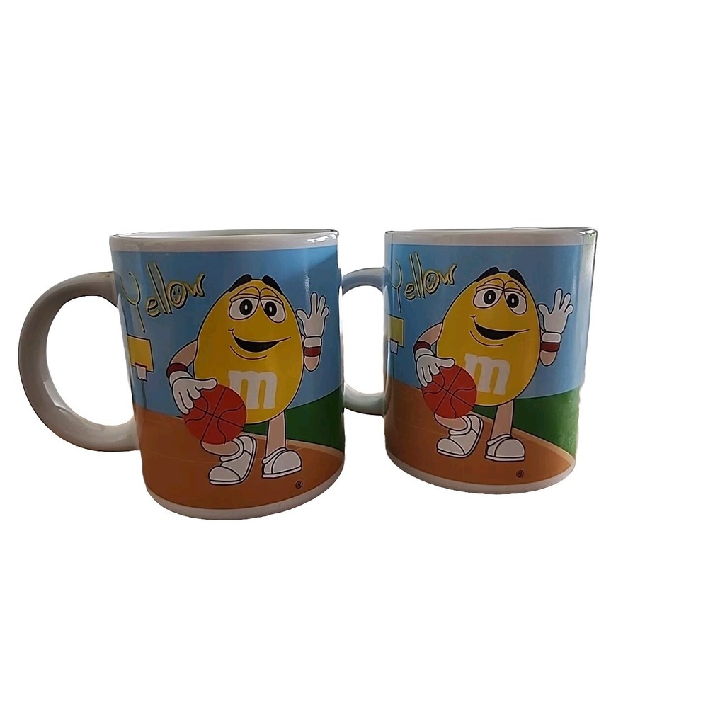 2 Lot Of M&M's Yellow & Green Sports Theme Collectible Coffee Cup Mug Baseball